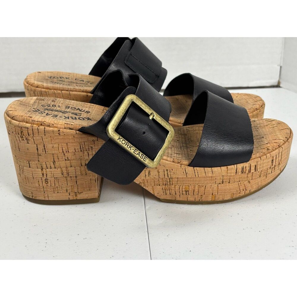 Kork-Ease Taige Black Leather Cork Platform Wedge Sandal Slide Women Sz 10M - Picture 2 of 10